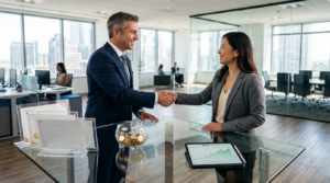 Professional broker shaking hands with client at glass desk with clear piggy bank, showing transparent financial trust