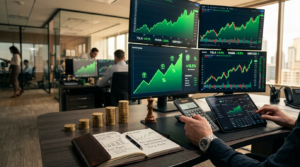 "Trading desk with multiple monitors showing upward charts, stacked gold coins, and chess piece symbolizing smart strategy"