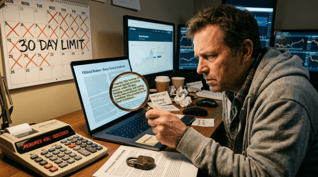 "Frustrated trader reviewing complex bonus terms with magnifying glass, calculator, locked account, and unrealistic requirements shown"