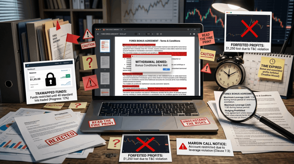 "Laptop showing bonus terms with red warnings, locked account, withdrawal denial, forfeited profits, and misunderstanding consequences"