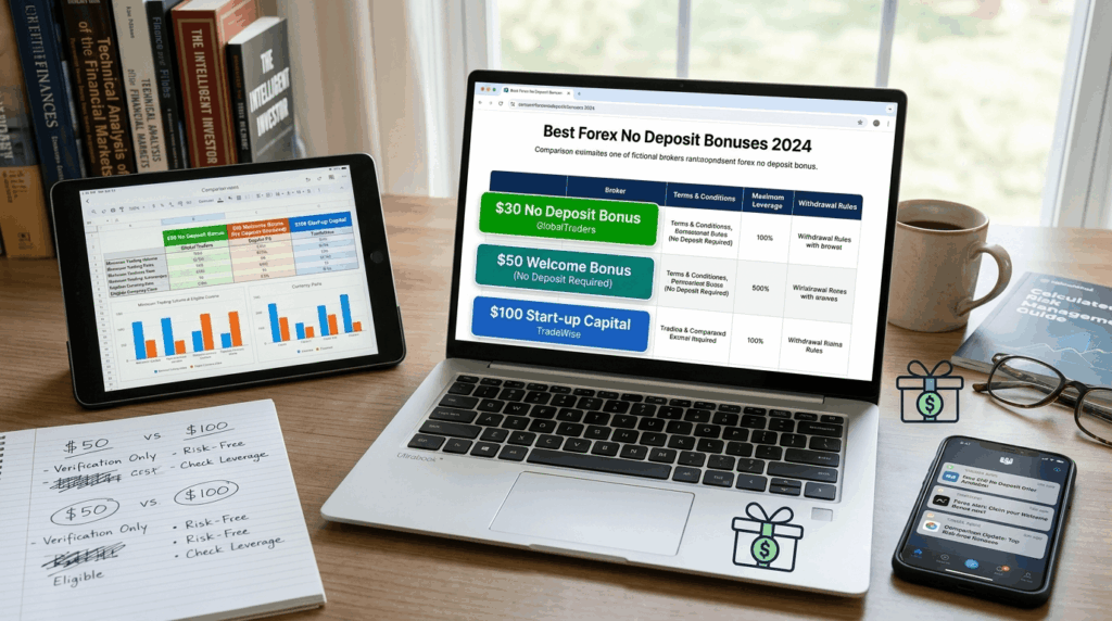 "Laptop showing no deposit bonuses like $30-$100, gift box icon, zero-risk symbols, comparison chart, and free capital opportunities"