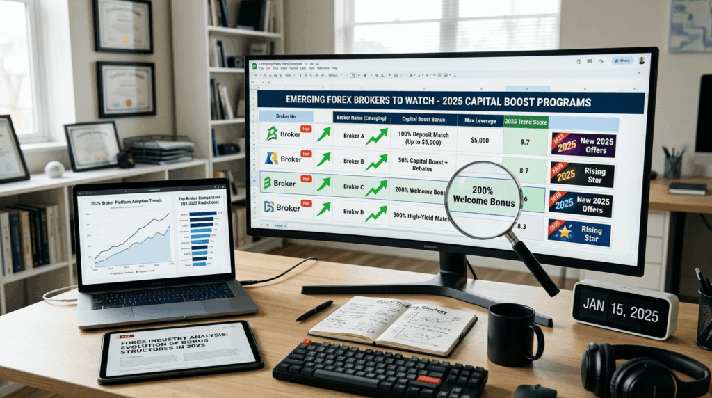 "Brokers watchlist with spotlight, upward trends, 2025 calendar, capital boost bonuses, and emerging broker platforms highlighted"