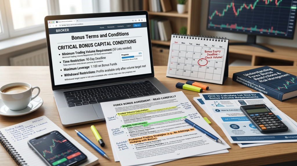 "Laptop showing bonus terms with highlighted conditions, calculator, calendar, flowchart, and warning flags for trading restrictions"