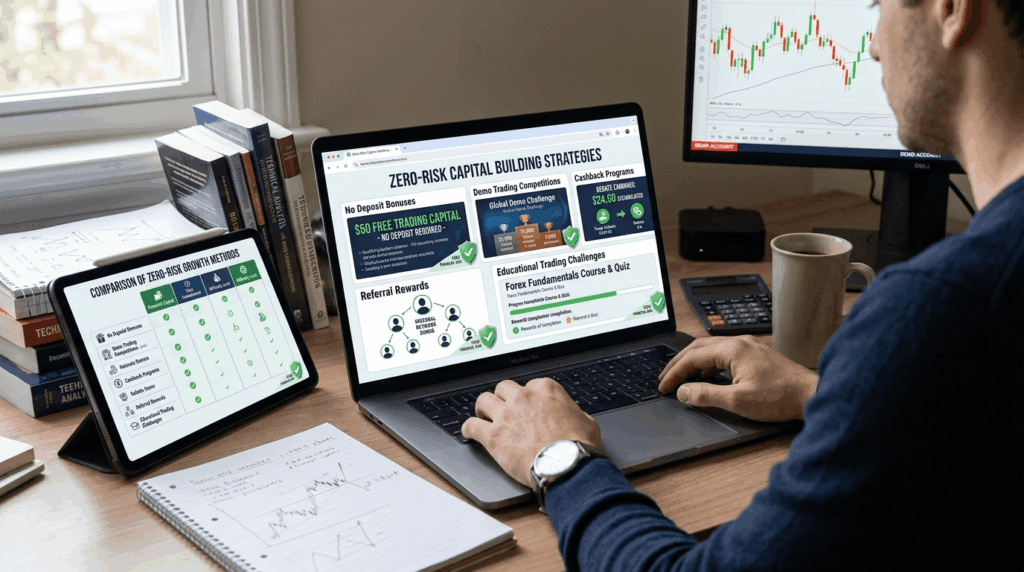 "Laptop showing risk-free capital methods: no deposit bonuses, competitions, cashback, referrals, with safety shields and growth charts"