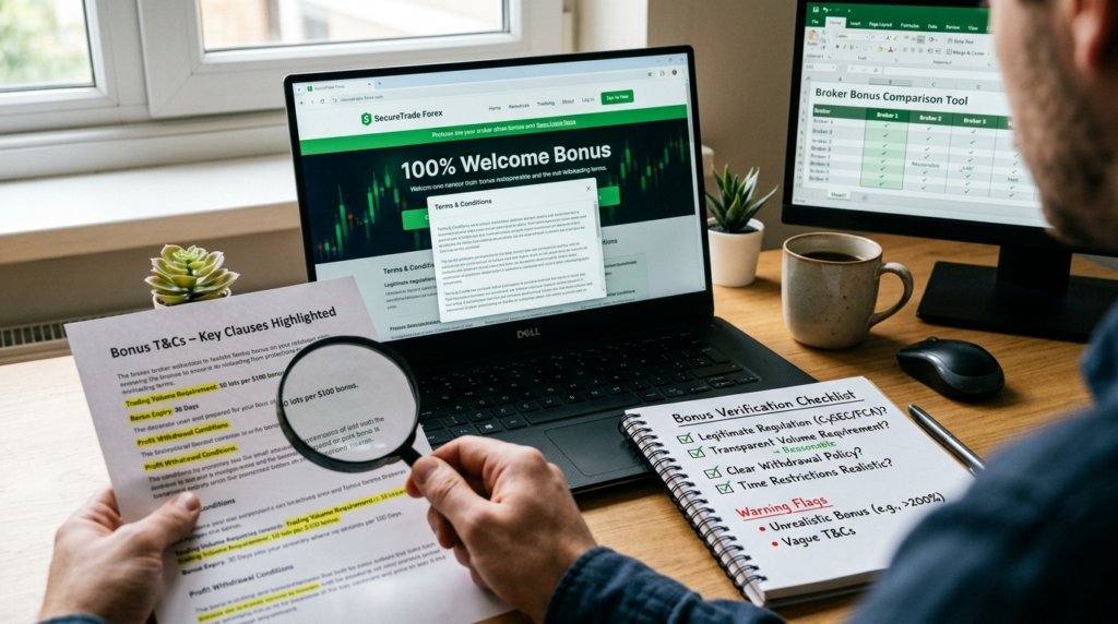 "Magnifying glass on bonus terms, calculator, checklist, and comparison sheets showing verification of broker bonus offers safely"