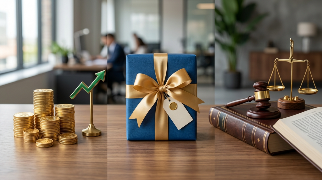 Gold coins, gift box with ribbon, and scale on desk representing withdraw profits, bonus capital, and financial rules