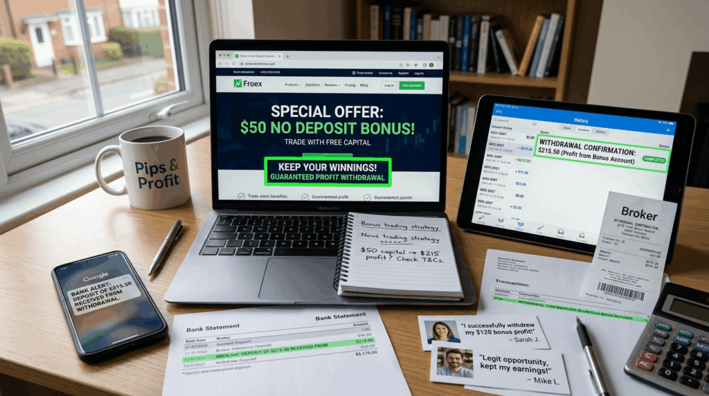 "No deposit bonus offers with withdrawal receipts, bank statements, profit retention guarantees, and successful winnings kept by traders"
