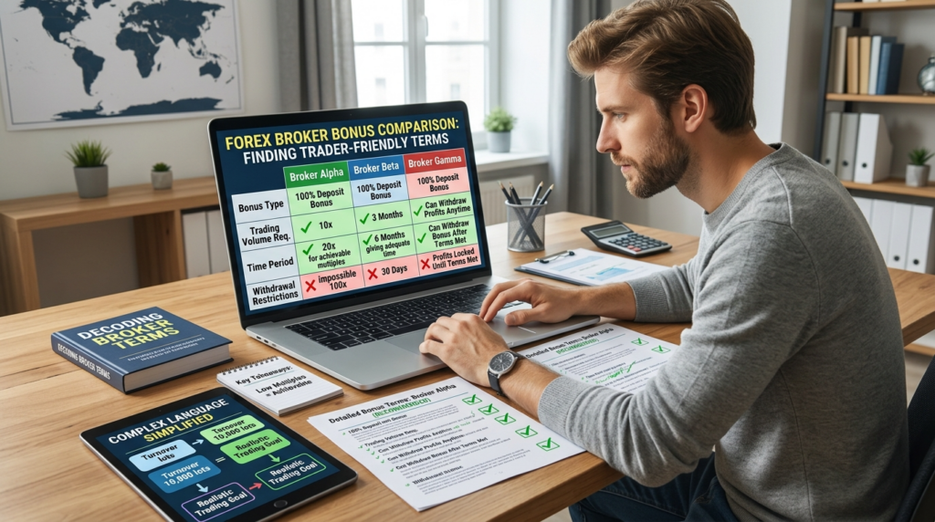Comparison sheets showing best broker bonus terms with green checkmarks, rating system, calculator, and favorable conditions highlighted"