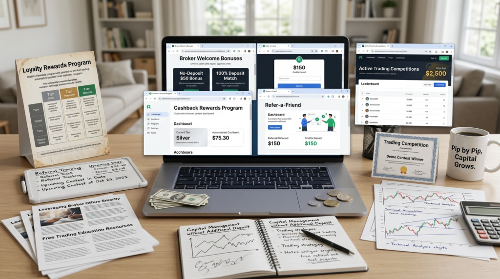 "Laptop showing bonus offers, referral rewards, trading competitions, growth charts, and smart capital-building methods without spending"