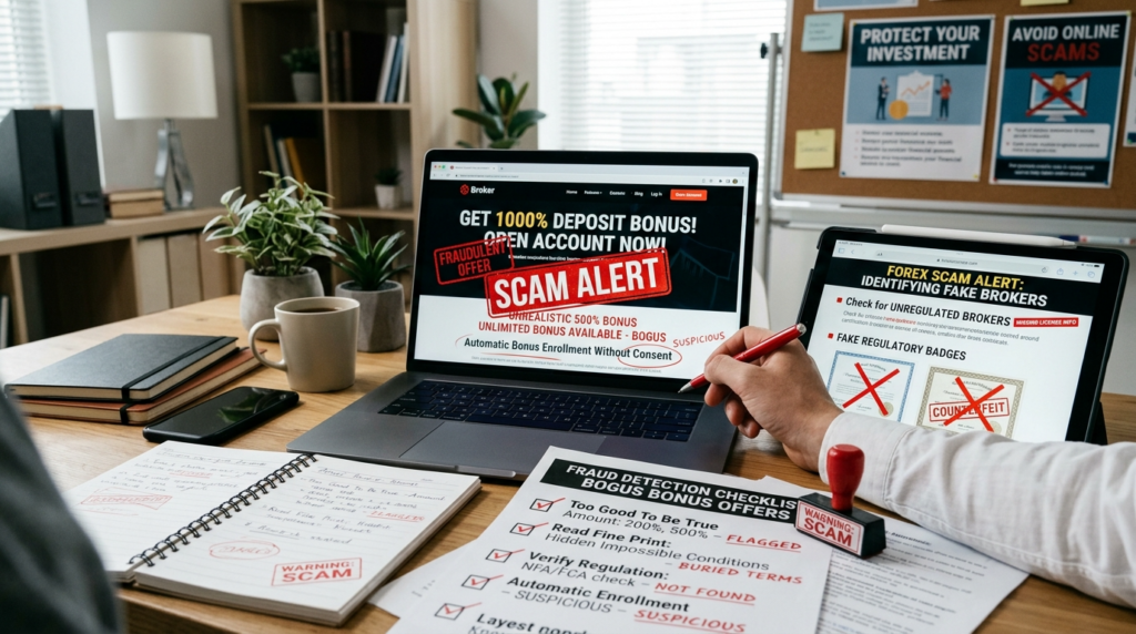 "Laptop showing fake 500% bonus with red warning stamps, magnifying glass on fraud, scam alerts, and dangerous offer indicators"
