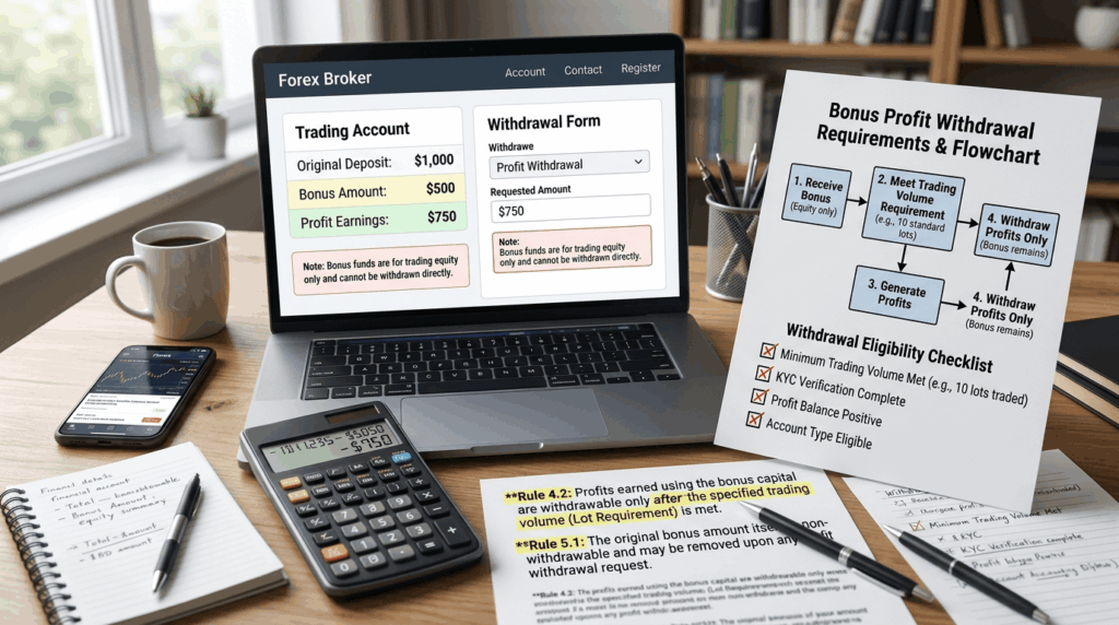 "Trading account showing bonus, profits, and deposit separated with withdrawal interface, progress tracker, and withdrawal receipt"