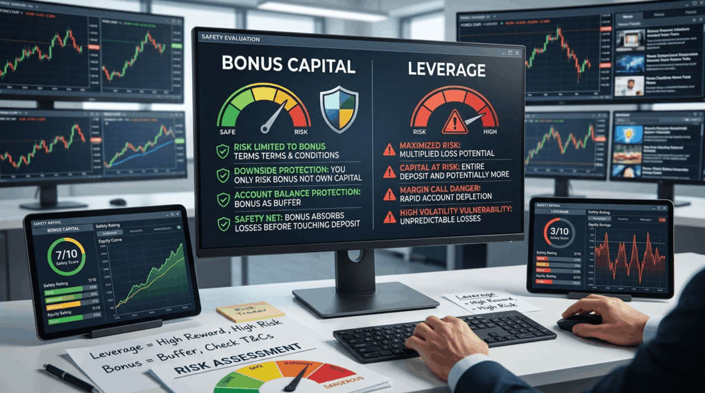 "Safety comparison: bonus capital with green safety shield and training wheels versus leverage with red warning signs and risk indicators"