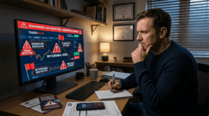 Forex broker scam warning with red flags and fraud awareness.