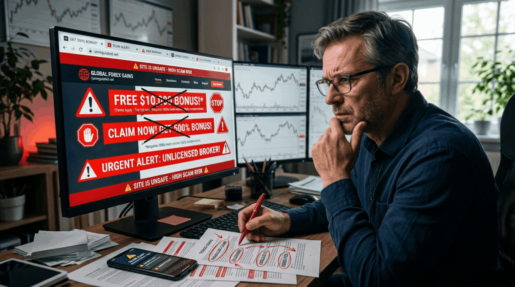Cautious trader reviewing suspicious forex bonus offers on screen with red warning flags and fraudulent claims highlighted