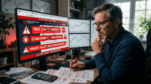 Cautious trader reviewing suspicious forex bonus offers on screen with red warning flags and fraudulent claims highlighted