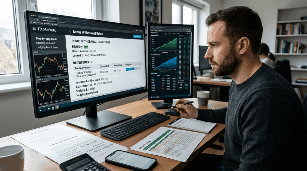 Trader studying forex bonus withdrawal rules on monitor showing terms, volume requirements, and eligibility conditions