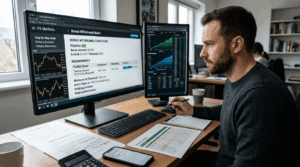 Trader studying forex bonus withdrawal rules on monitor showing terms, volume requirements, and eligibility conditions