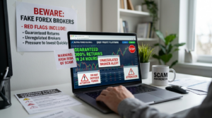 Fake forex brokers warning signs with red flags and fraud alerts.