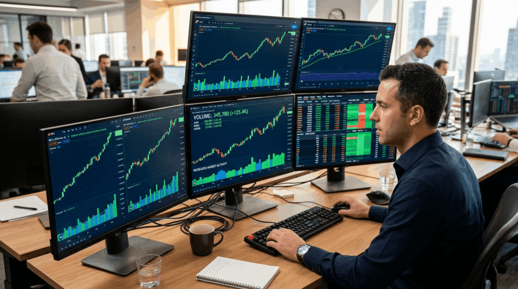 Increasing trading volume with rising charts and market activity.