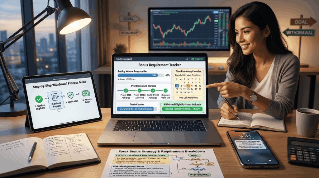 "Progress tracker showing volume completion, profit milestones, withdrawal form, and successful withdrawal confirmation notification"