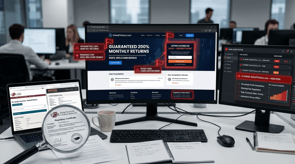"Monitor showing suspicious broker with red flags, magnifying glass on fake certificates, and scam detection tools displayed"