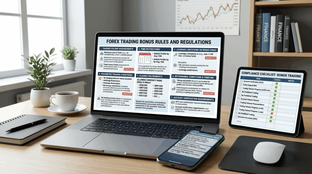 "Bonus trading rules document with volume requirements, time restrictions, prohibited strategies, and compliance checklist displayed"