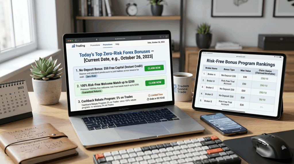 "Today's best zero-risk bonus offers with claim buttons, safety shields, no deposit bonuses, and time-sensitive deal indicators"