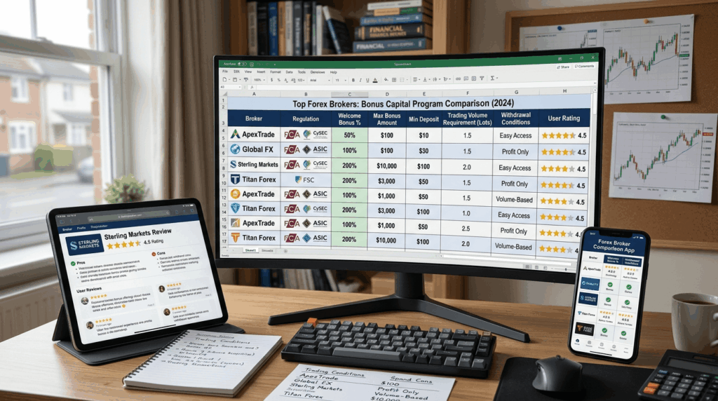 "Broker comparison matrix showing bonus percentages, ratings, withdrawal conditions, volume requirements, and top-ranked options"