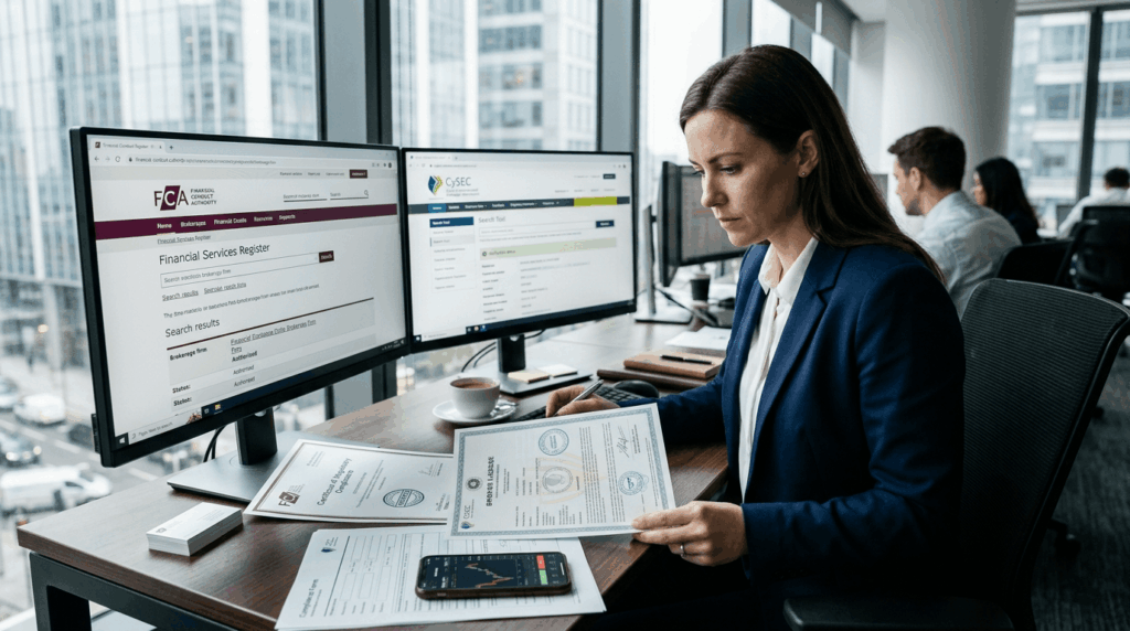 Professional trader examining forex broker credentials and regulatory documents on dual monitors in modern office setting