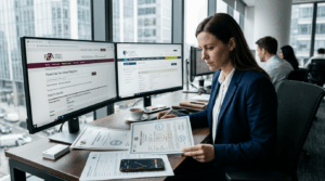Professional trader examining forex broker credentials and regulatory documents on dual monitors in modern office setting