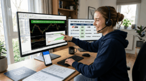Trader testing forex strategies on platform with no deposit bonus notification and broker comparison table on dual monitors