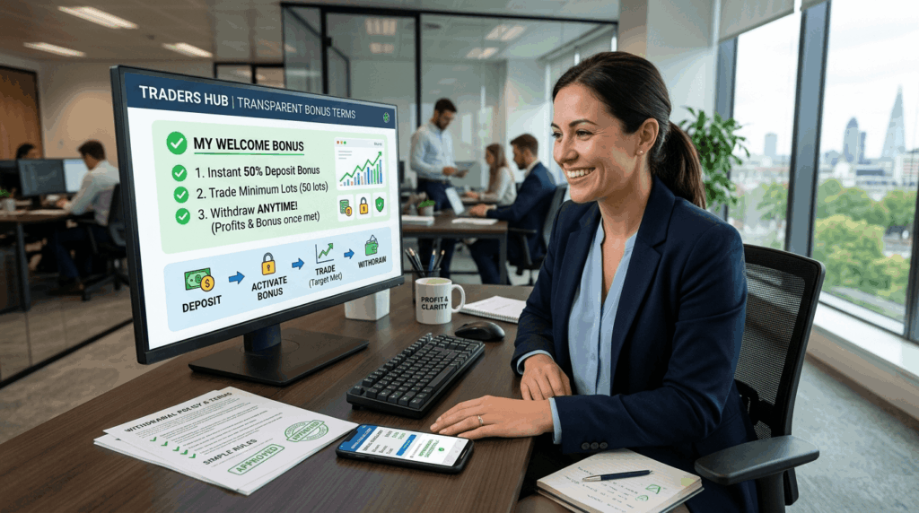 Satisfied trader reviewing clear bonus withdrawal rules on monitor with simple terms, checkmarks, and transparent interface