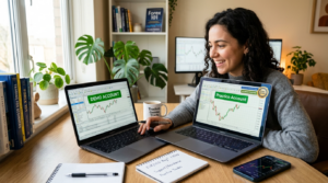 Beginner trader using laptop with demo forex trading account, practicing trades without deposit in bright home office setup