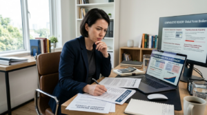 Realistic photo of trader reviewing offshore forex broker risks and regulatory warnings