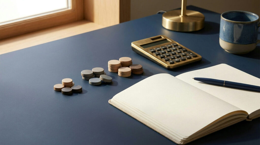 Small counters and a calculator illustrating careful forex micro-lot planning