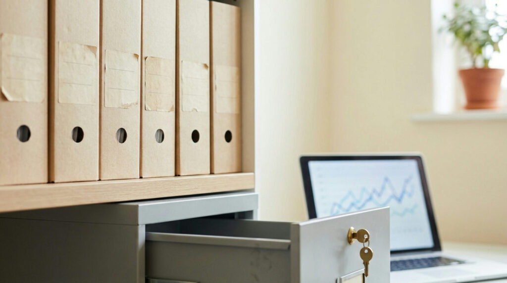 Organised client files and locked drawer representing client money segregation forex