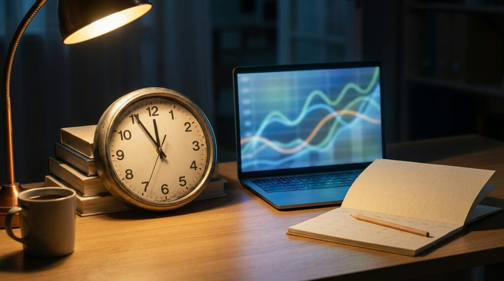 Clock and laptop charts at midnight representing forex overnight swap fees on open positions