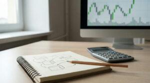 Notebook and calculator for working out pips and lot sizes beside a trading chart