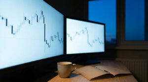 Trader's desk with charts showing a price gap, illustrating stop loss slippage forex risk