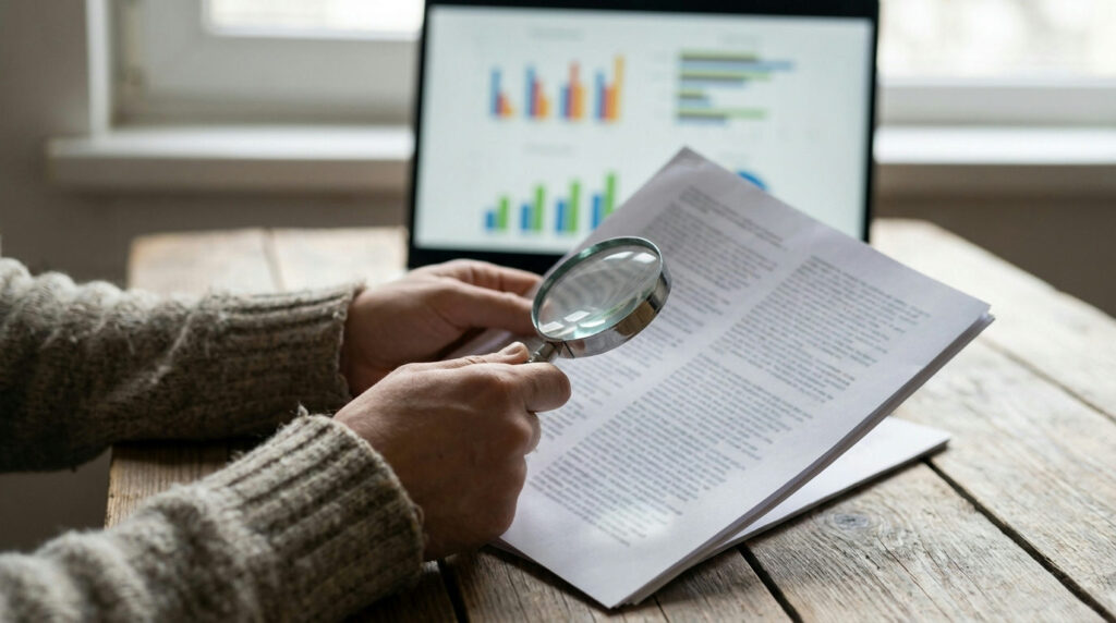 Reader examining a printed risk disclosure, illustrating the CFD retail loss warning