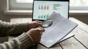 Reader examining a printed risk disclosure, illustrating the CFD retail loss warning